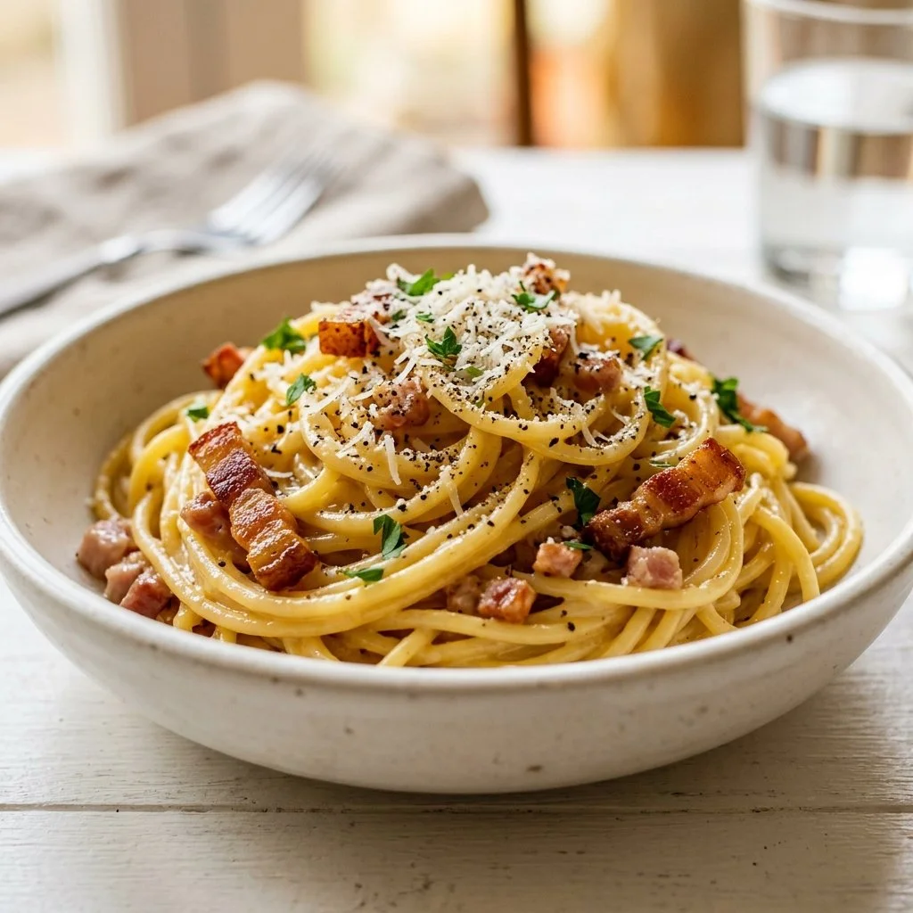 Plate of Spaghetti Carbonara with creamy sauce, pancetta, and parmesan cheese.