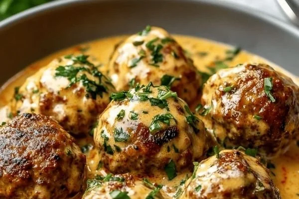 Spicy Keto meatballs served with a rich cream sauce on a plate