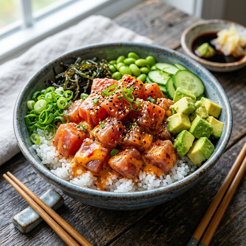Delicious spicy tuna bowls topped with fresh ingredients and garnishes