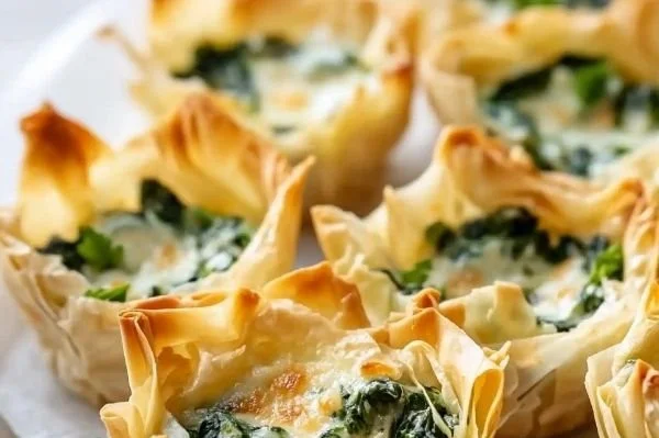 Spinach and artichoke phyllo cups garnished and served for a festive occasion