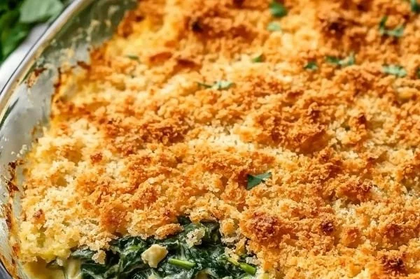 Healthy spinach casserole dish served warm with cheese topping