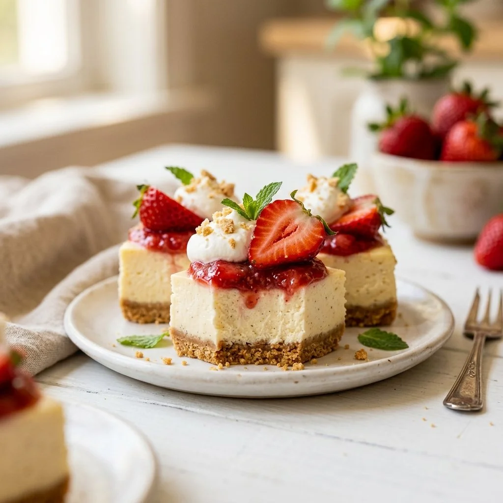 Strawberry cheesecake bites on a plate, a delicious dessert treat.