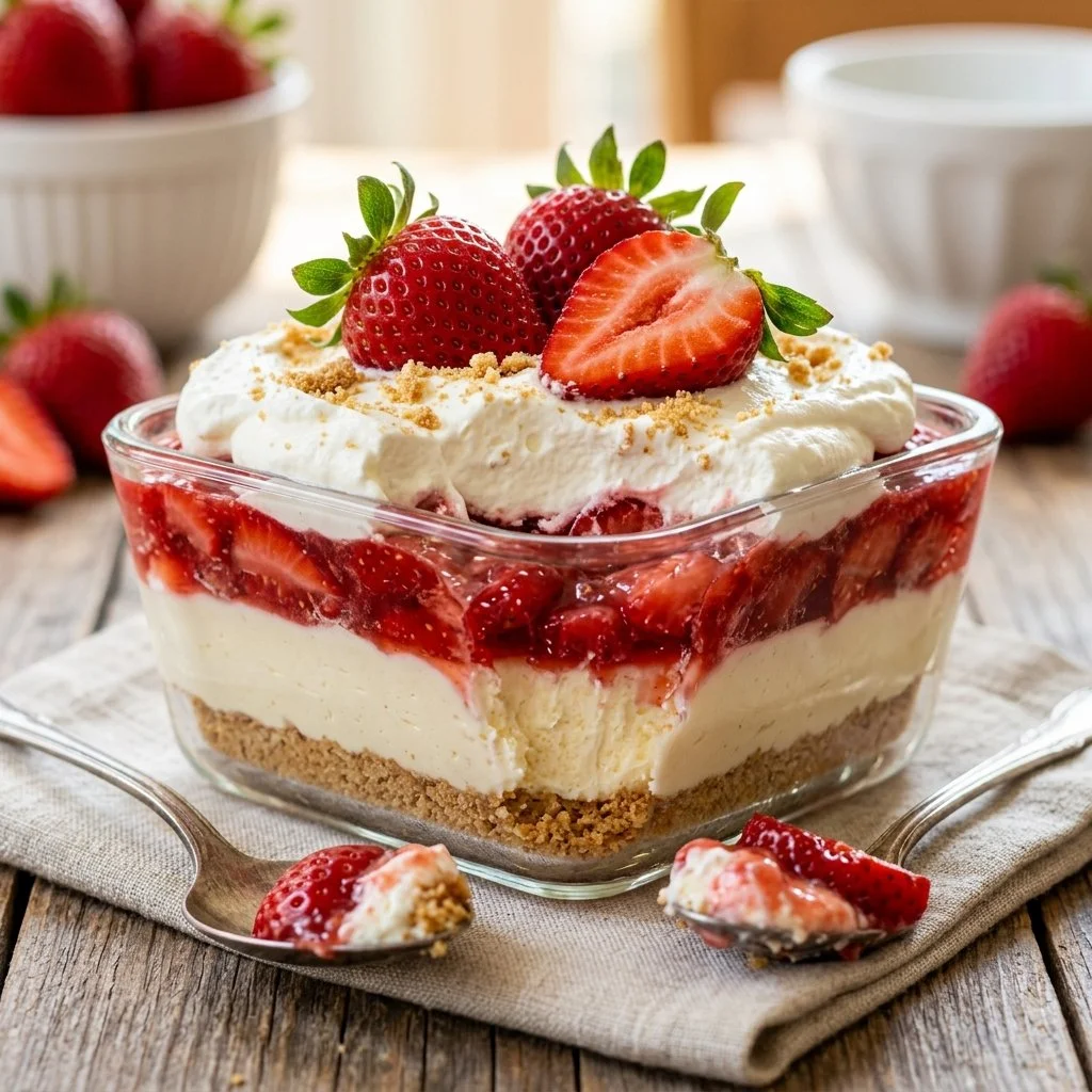 Delicious Strawberry Cheesecake Lush dessert with fresh strawberries
