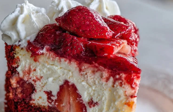 Delicious strawberry cheesecake layered with red velvet cake.