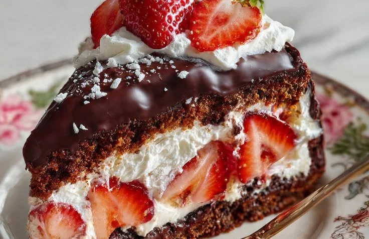 Delicious Strawberry Chocolate Shell Cake with fresh strawberries and chocolate glaze