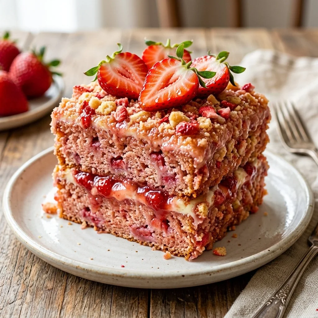 Delicious Strawberry Crunch Cake with layers of strawberries and crunchy topping