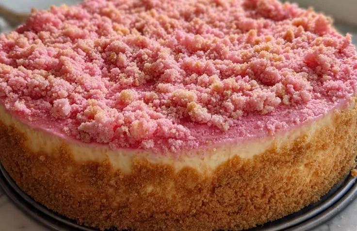 Slice of Strawberry Crunch Cheesecake with fresh strawberries and crunch topping