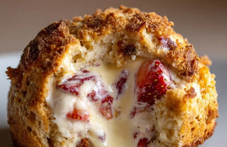 Deliciously baked strawberry-filled biscuit bombs on a plate