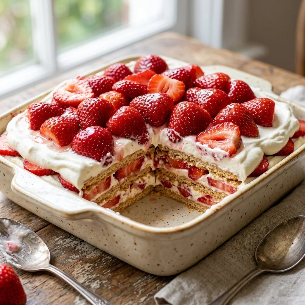 Delicious Strawberry Icebox Cake topped with fresh strawberries and whipped cream.