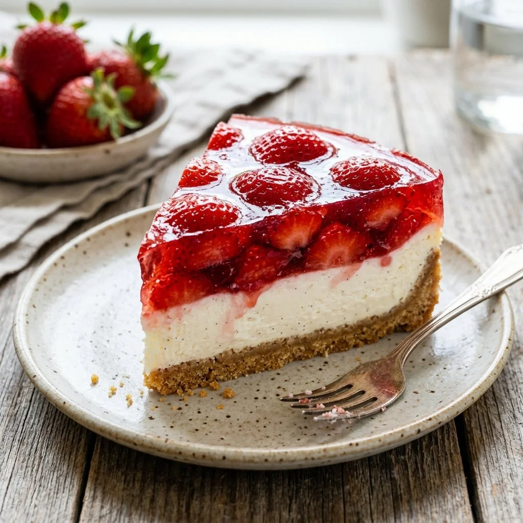 Delicious Strawberry Jello Cake topped with fresh strawberries and whipped cream