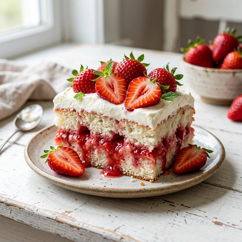 Delicious strawberry poke cake topped with fresh strawberries and whipped cream