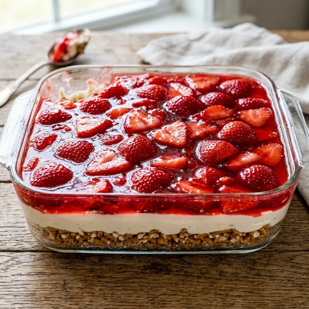 Delicious Strawberry Pretzel Salad with vibrant strawberries and pretzel crust