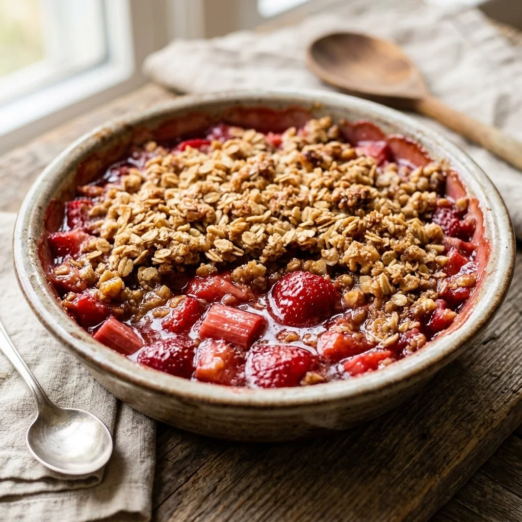 Delicious homemade strawberry rhubarb crisp served in a bowl