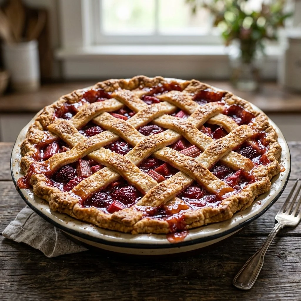 Freshly baked strawberry rhubarb pie with a flaky crust
