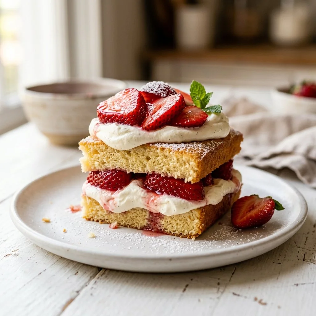 Delicious strawberry shortcake dessert with fresh strawberries and whipped cream