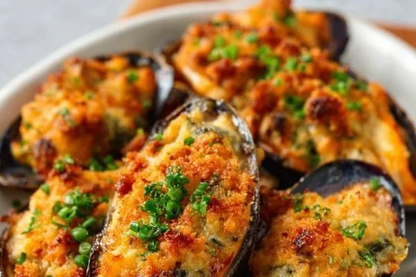 Delicious stuffed baked mussels served on a plate, garnished with herbs.