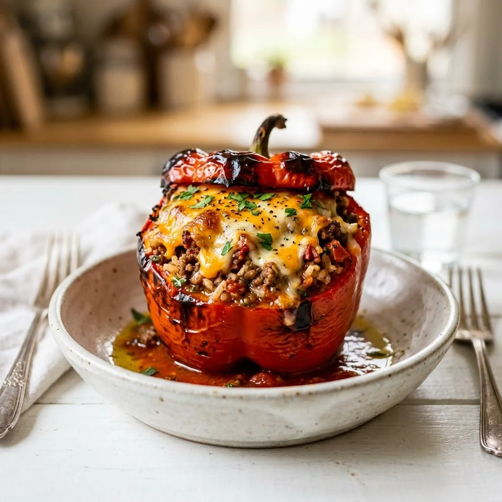 Delicious stuffed peppers filled with rice, ground meat, and vegetables.