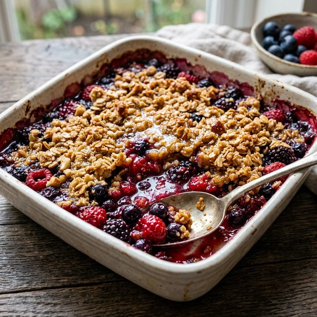 Delicious summer berry crumble dessert topped with golden crumble.