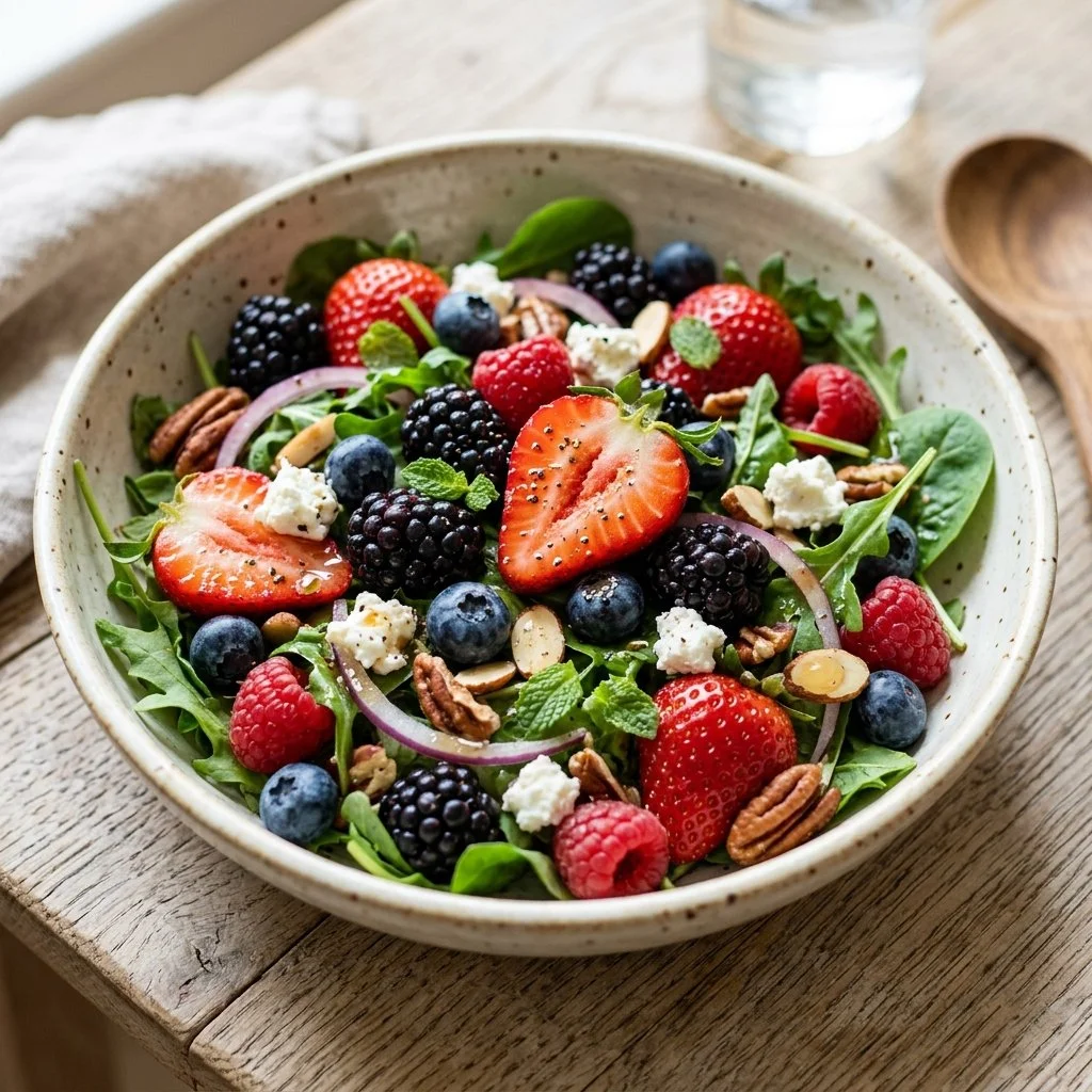 Delicious summer berry salad featuring fresh strawberries, blueberries, and raspberries.