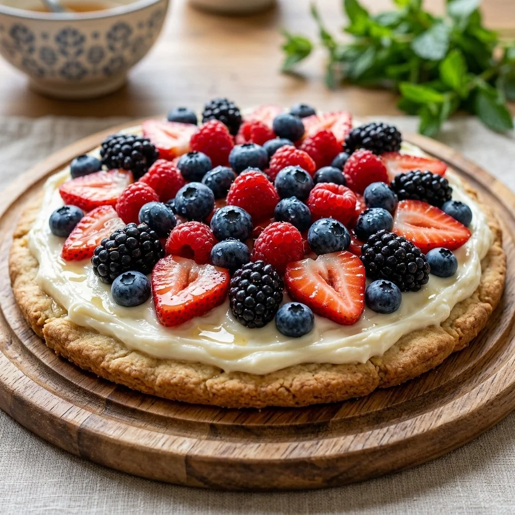 Colorful summer fruit pizza topped with fresh berries and tropical fruits