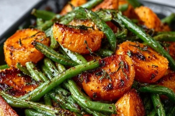 Sweet Potato and Green Bean Tray Bake with herbs and spices on a baking tray