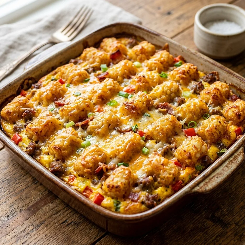 Delicious tater tot breakfast casserole served in a rustic dish