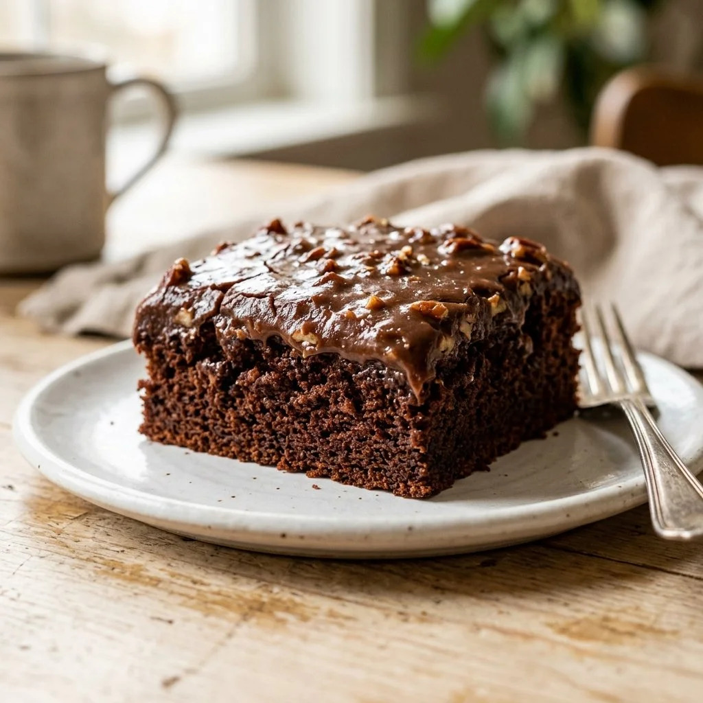 Delicious Texas Sheet Cake with chocolate frosting on a rustic wooden table