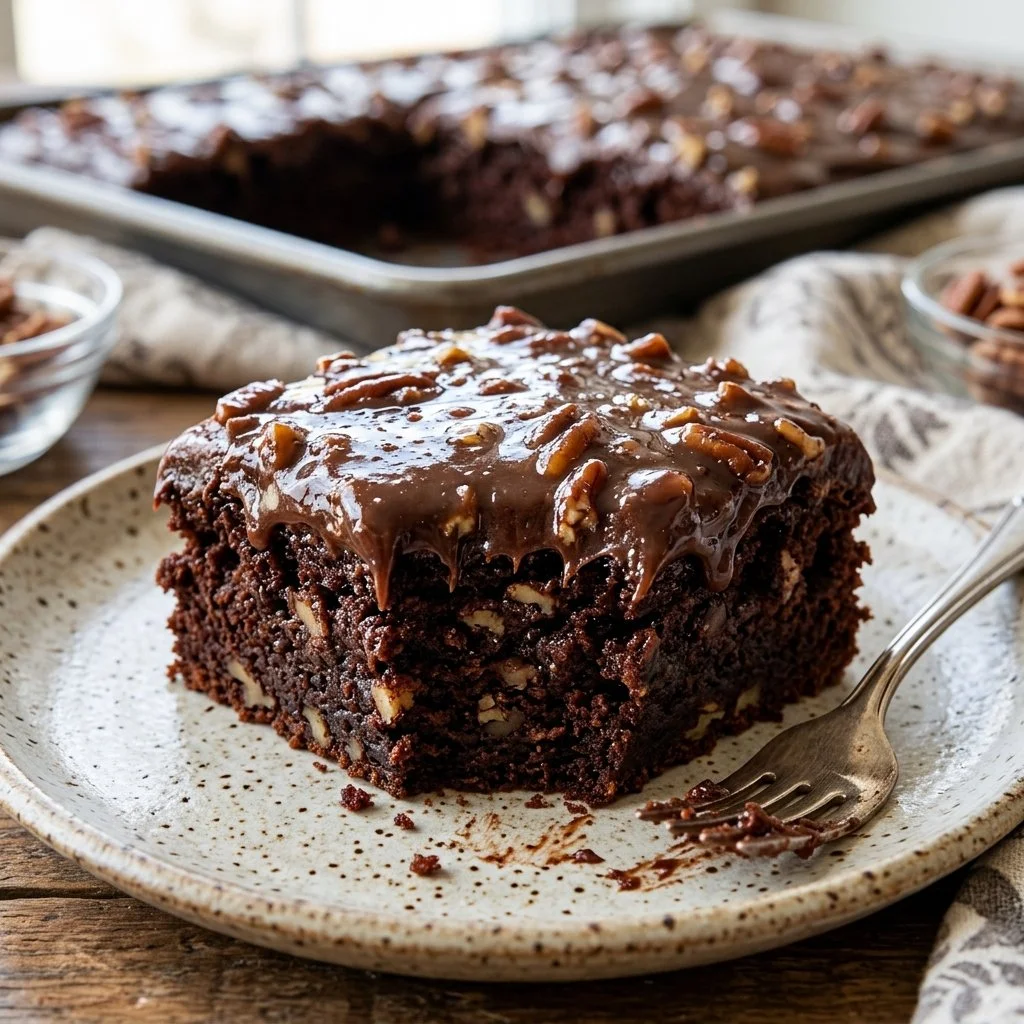 Delicious Texas Sheet Cake with chocolate frosting on a white plate