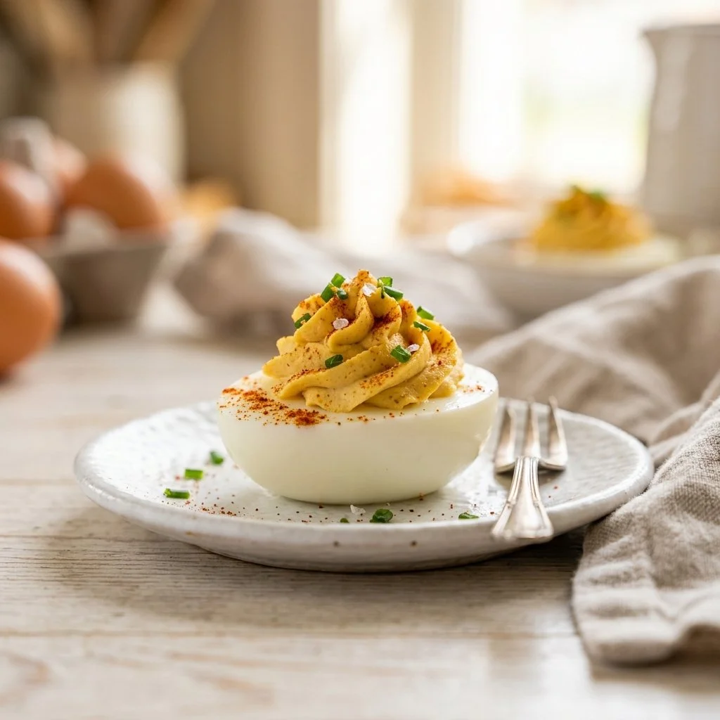 Deliciously prepared deviled eggs garnished and plated, ideal for gatherings.