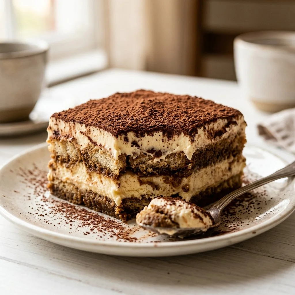 Delicious homemade tiramisu dessert with coffee and cocoa layers
