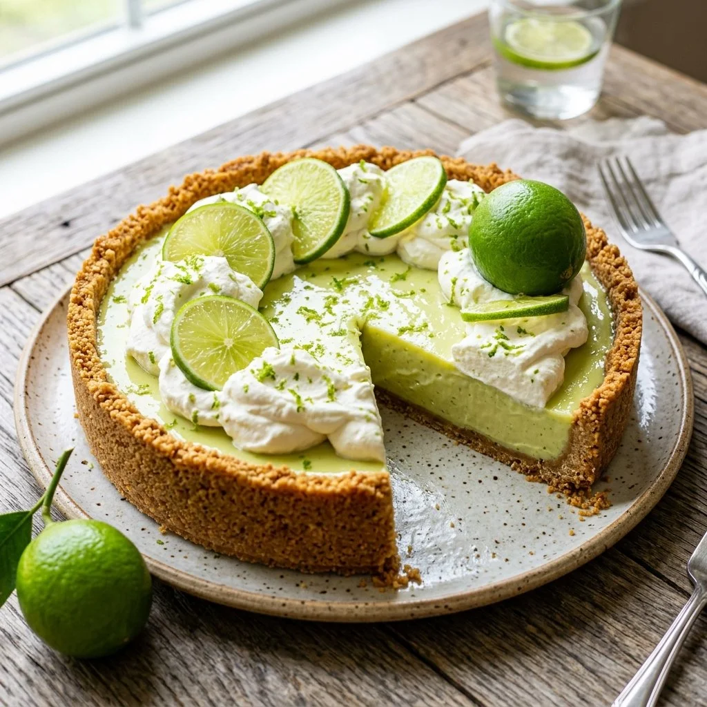Slice of traditional Key Lime Pie with whipped cream on a plate