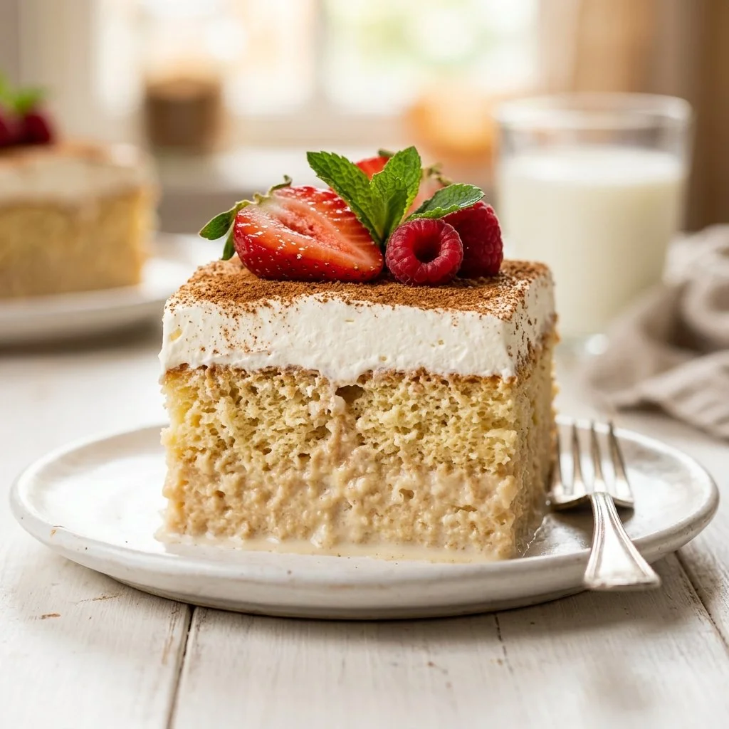 Delicious Tres Leches Cake topped with whipped cream and fresh fruit