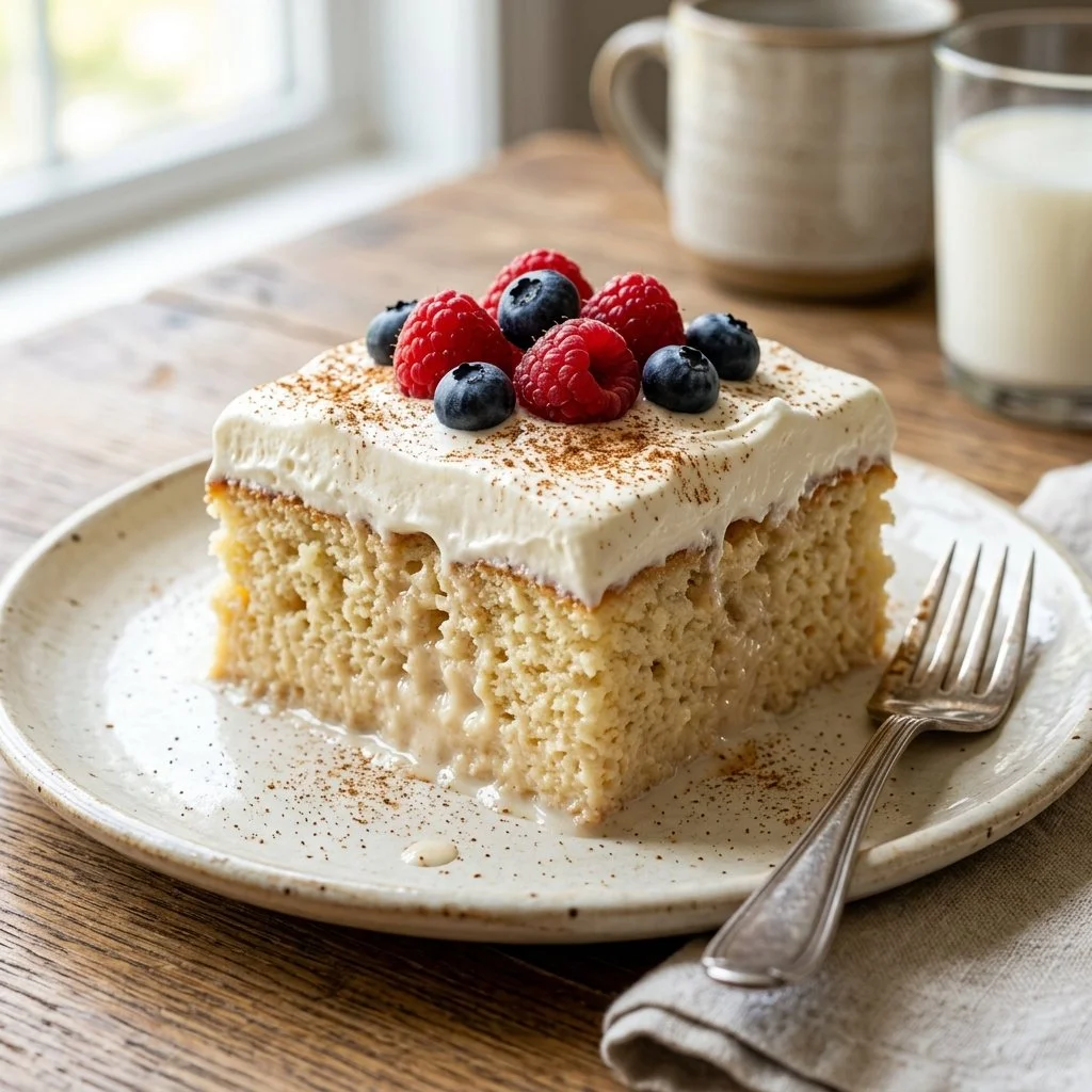 Delicious Tres Leches Cake topped with whipped cream and fresh berries