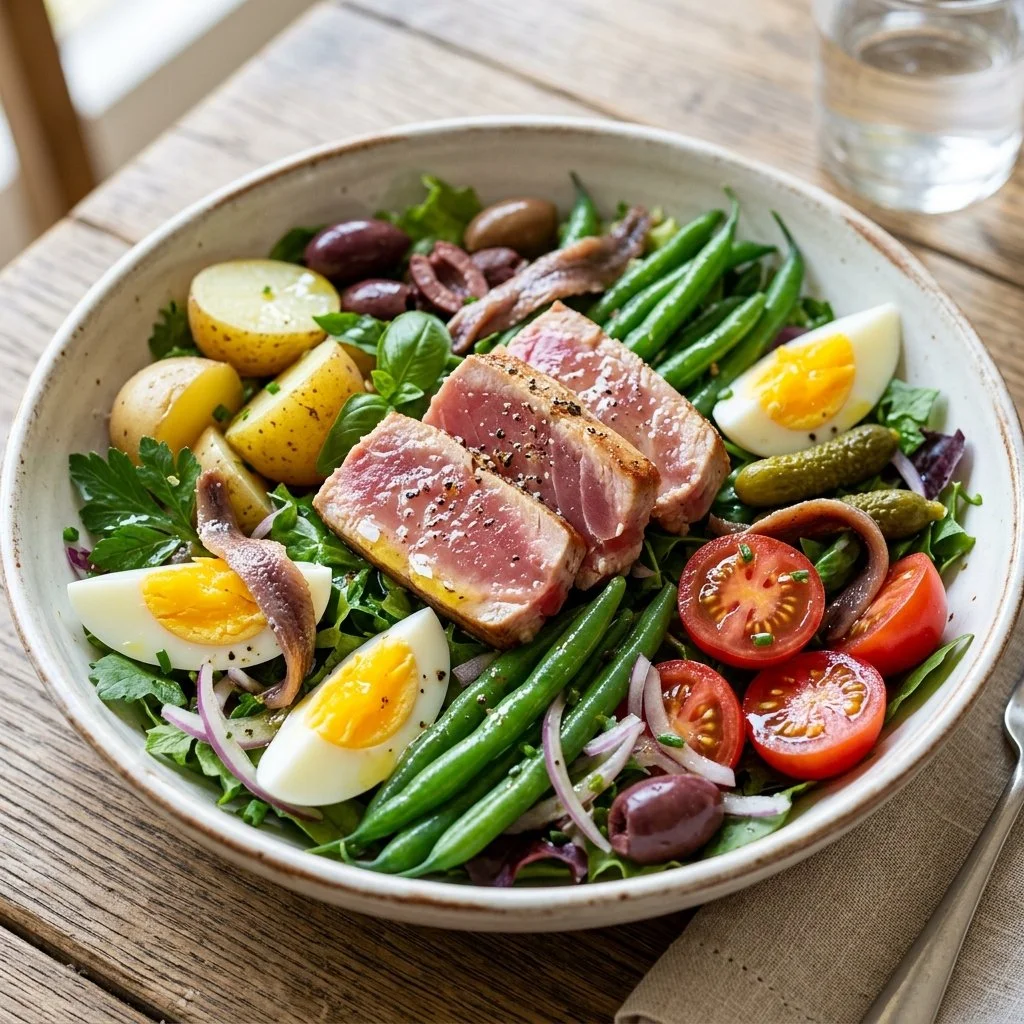 A colorful Tuna Nicoise Salad with tuna, greens, and vegetables served in a bowl.