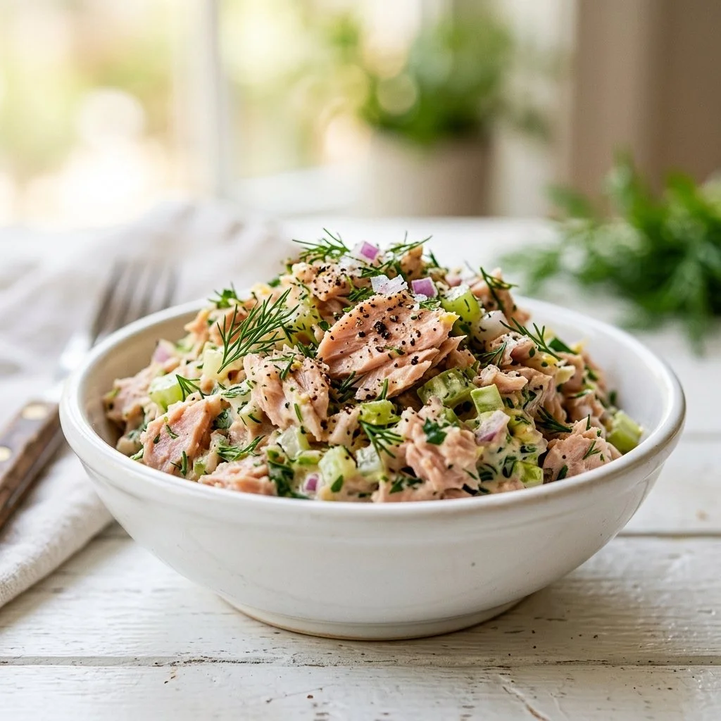 Healthy tuna salad with fresh vegetables and dressing