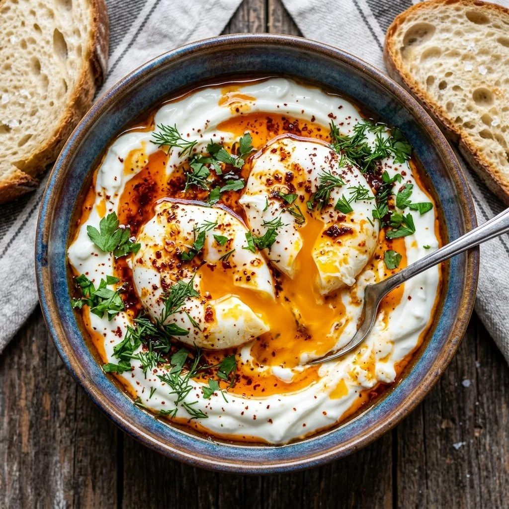 A plate of Turkish Eggs topped with spiced yogurt and herbs.