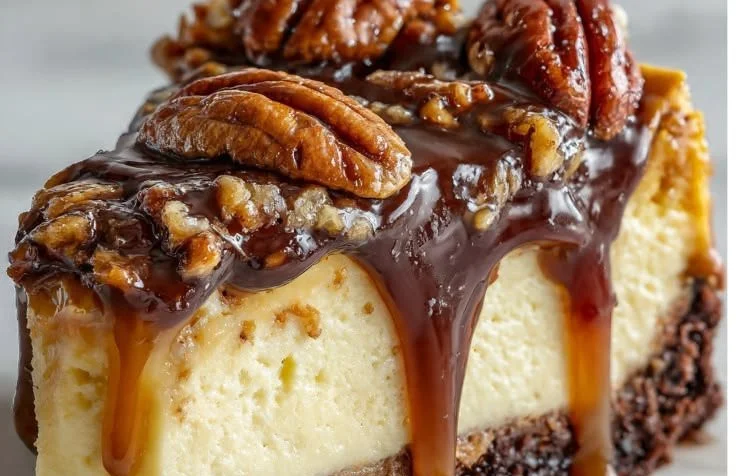 Delicious Turtle Cheesecake topped with caramel and pecans