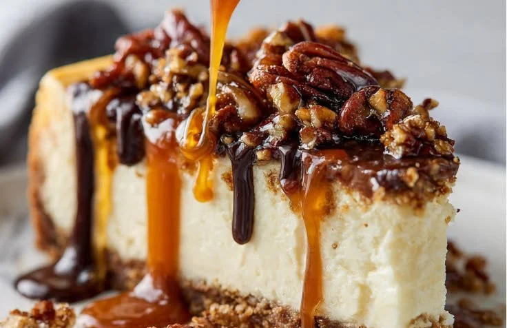 Delicious slice of Turtle Cheesecake topped with caramel and chocolate drizzle