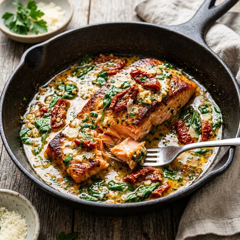 Delicious Tuscan Butter Salmon garnished with herbs and served on a plate.