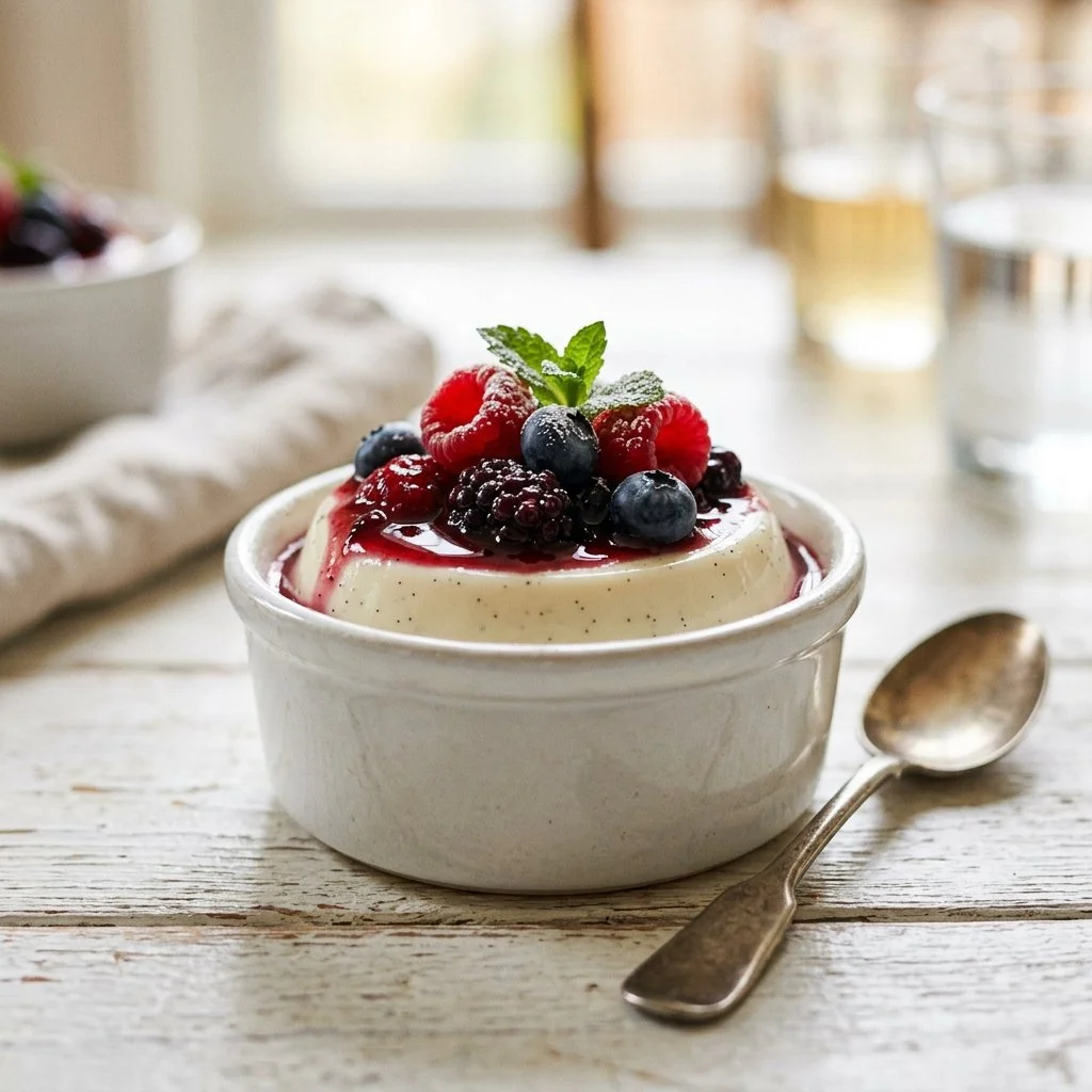 Delicious vanilla bean panna cotta dessert topped with fresh berries.