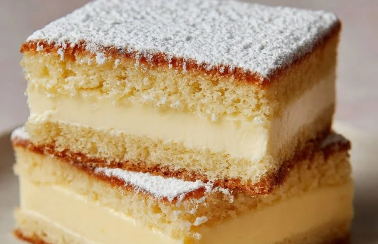 Delicious Vanilla Custard Cake Squares topped with fresh berries
