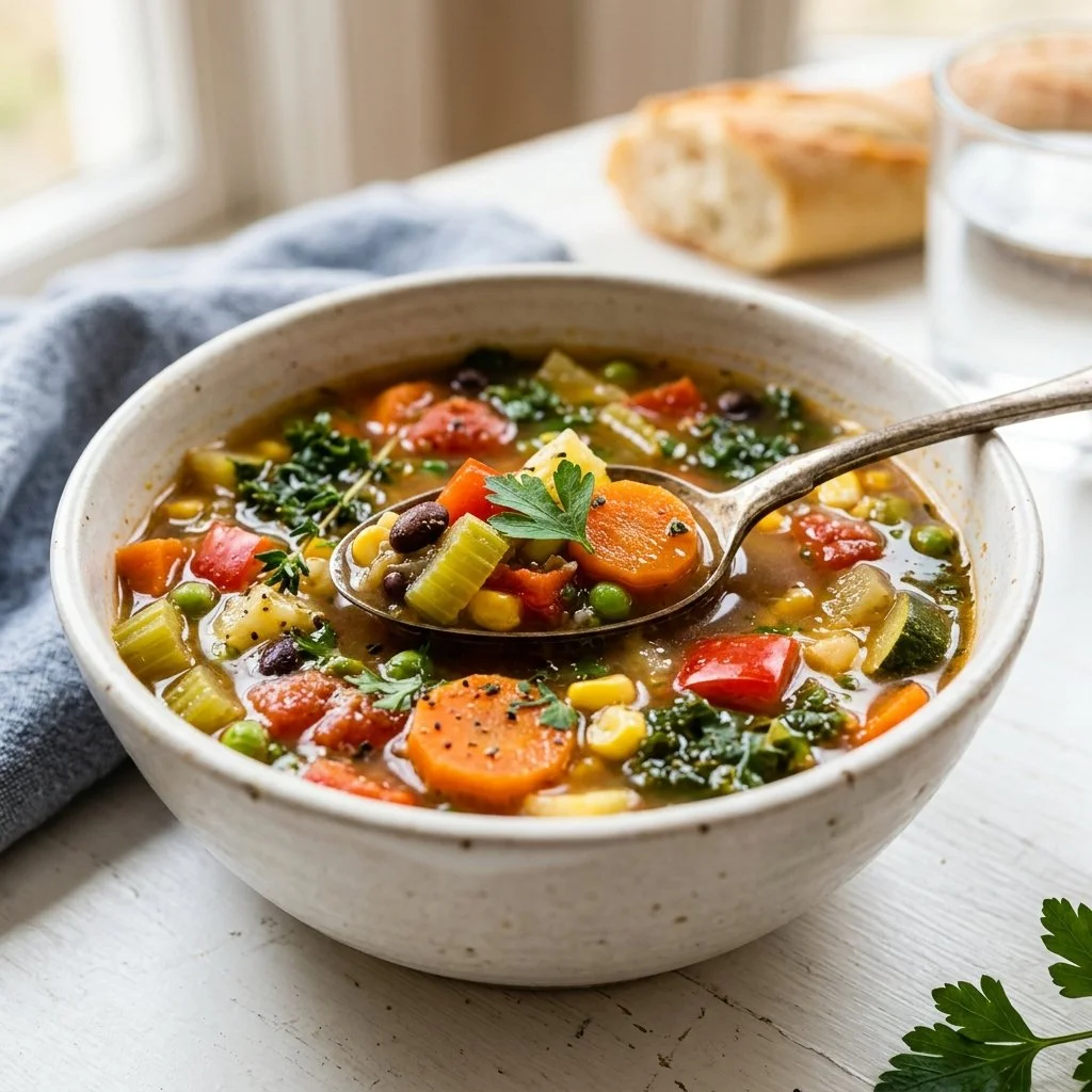 Bowl of hearty vegetable soup with colorful fresh vegetables
