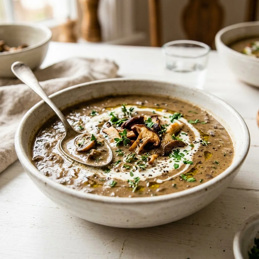 Bowl of velvety mushroom soup garnished with fresh herbs