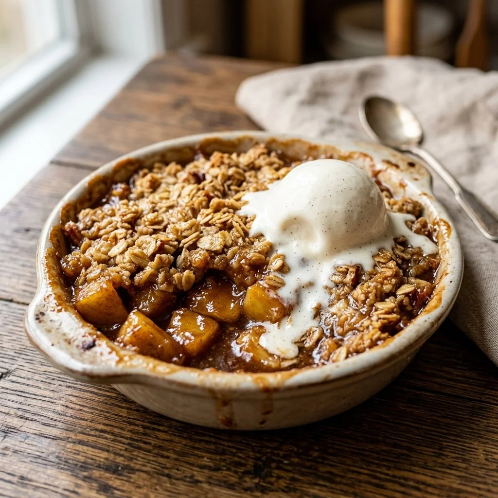 Delicious warm apple crisp dessert with cinnamon and oat crumble topping