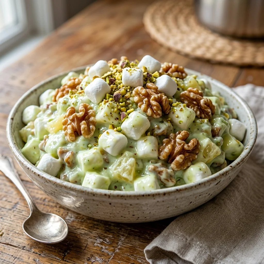 A bowl of colorful Watergate Salad featuring pistachio pudding, fruit, and marshmallows.