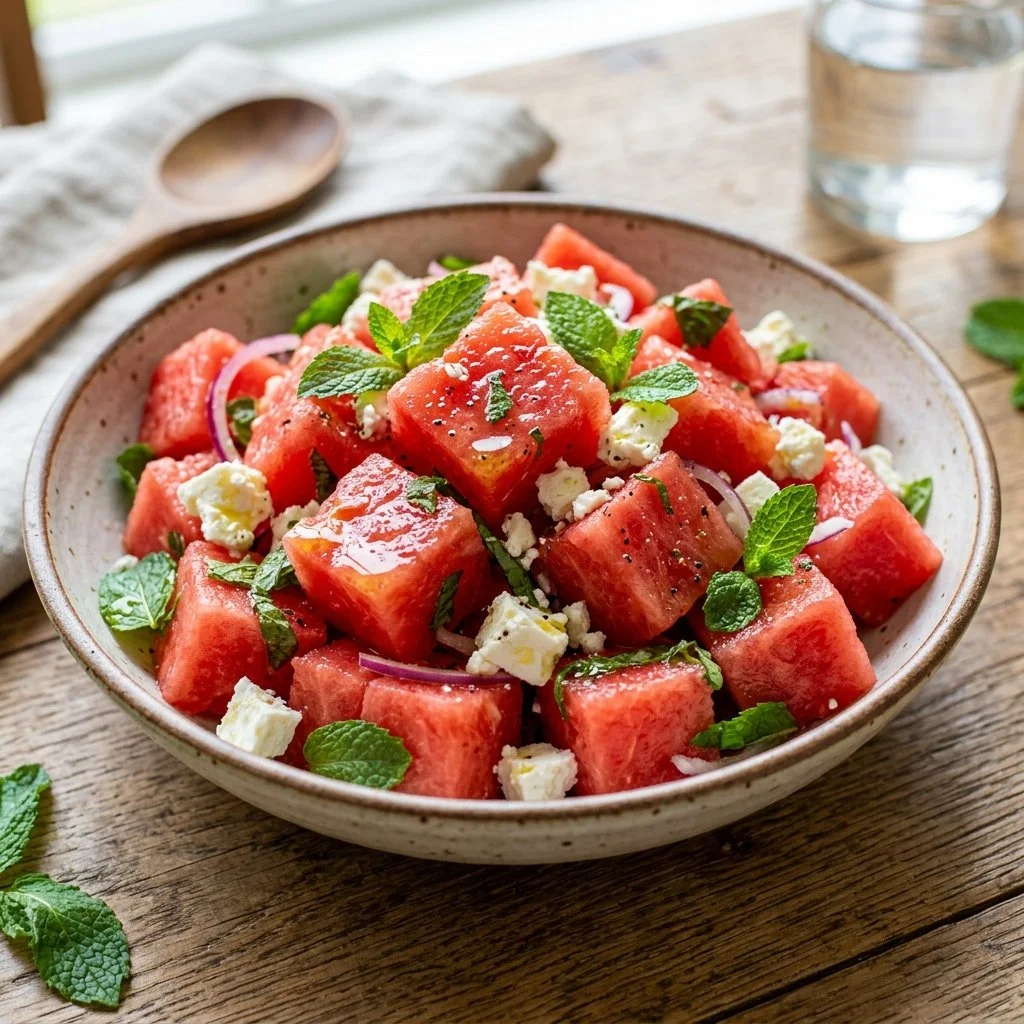 A vibrant Watermelon Feta Salad served with fresh herbs and a drizzle of balsamic dressing.