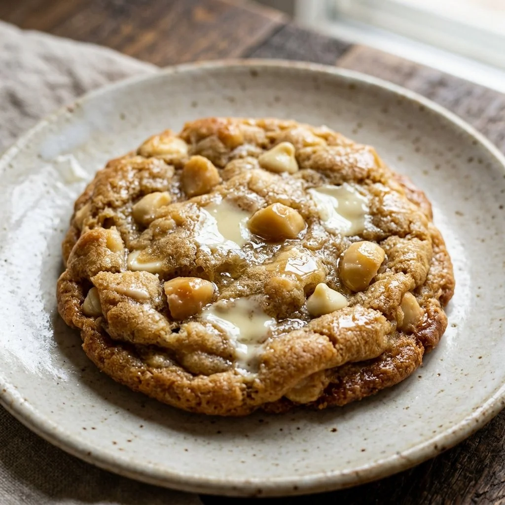 Freshly baked white chocolate macadamia cookies stacked on a plate.