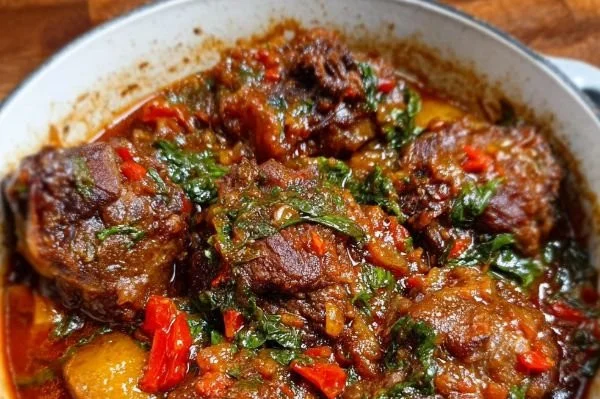 Delicious Zimbabwean oxtail stew served in a bowl with vegetables and herbs.