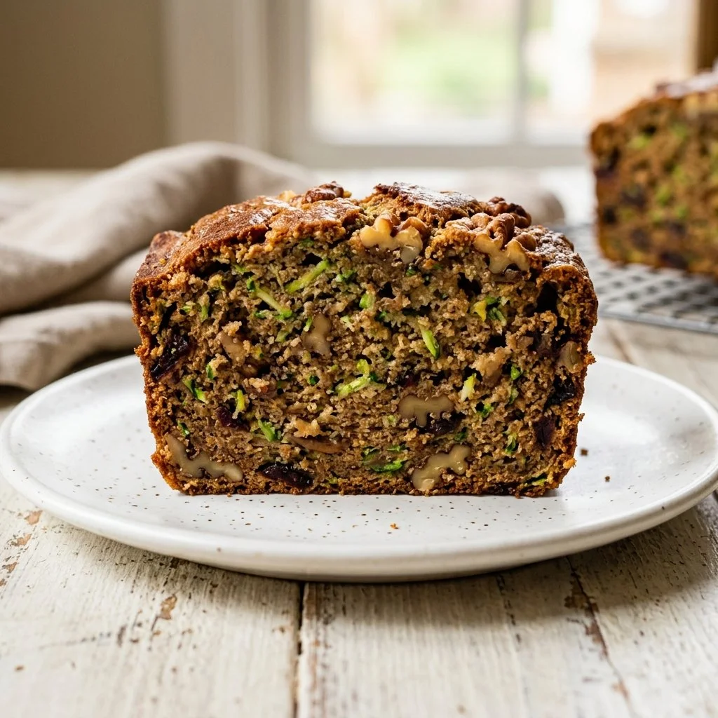 Freshly baked zucchini bread loaf on a wooden cutting board