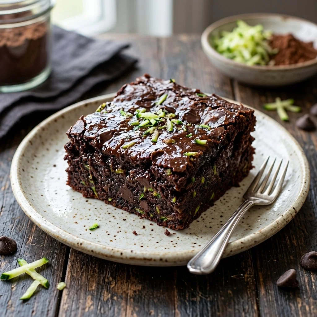 Delicious homemade zucchini brownies topped with chocolate frosting